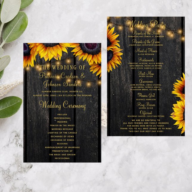 Programme de mariage en bois rustique tournesol or (Créateur téléchargé)