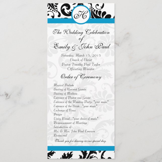 Programme de mariage en damas noir Aqua Trim (Devant)