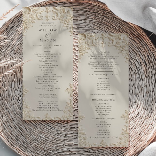 Programme de mariage en ivoire baroque gaufré (Embossed Baroque Ivory Wedding Program)