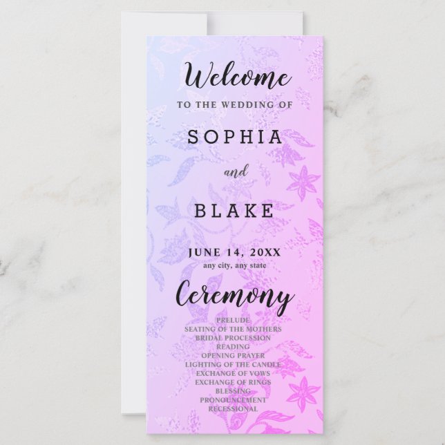 Programme de mariage en métal mauve et floral (Devant)