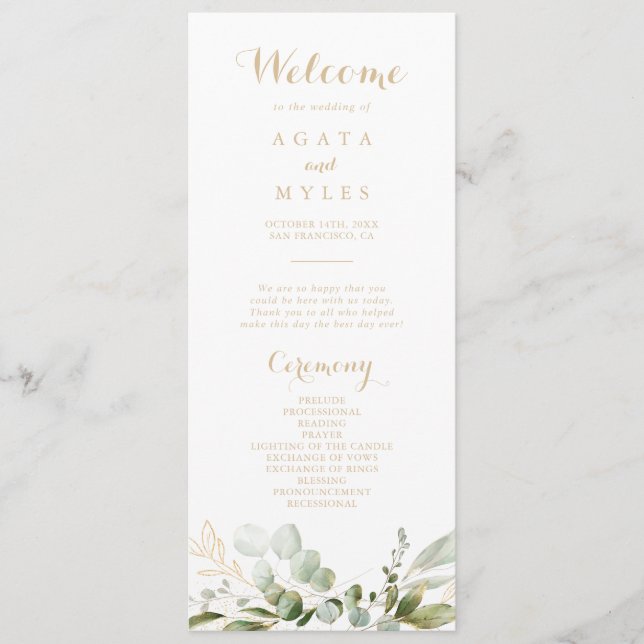 Programme de mariage en or et eucalyptus à feuilla (Devant)