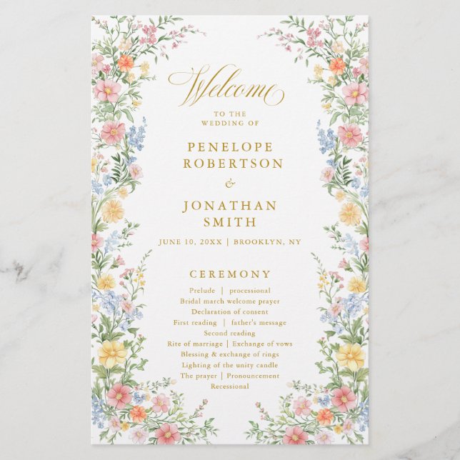 Programme de mariage en pastel doux orné de doré d (Devant)