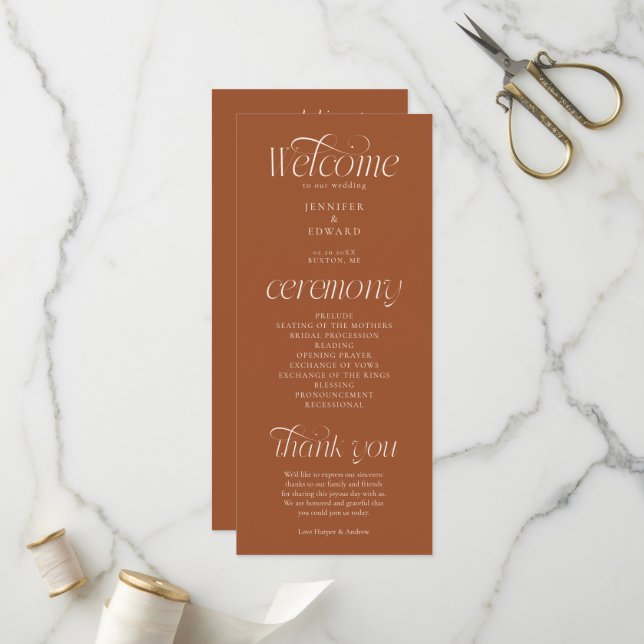 Programme de mariage en terre cuite à typographie  (Devant/Arrière en situation)