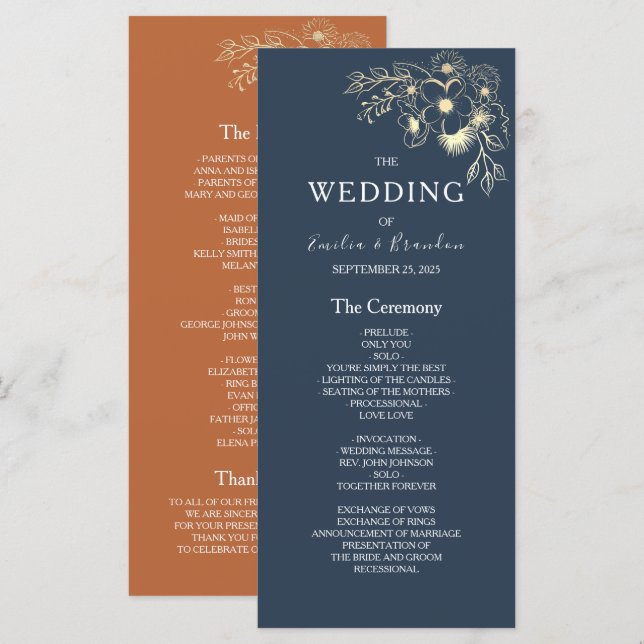 Programme de mariage en terre cuite bleu marine (Devant / Derrière)