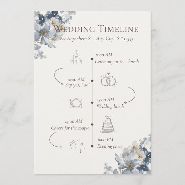 Programme de mariage et de la fête avec fleurs ble (Devant)