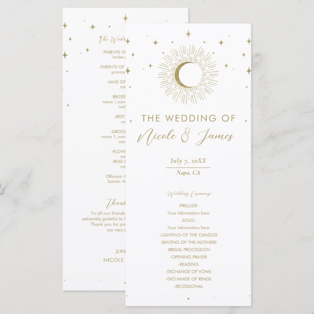 Programme de mariage étoile céleste lune en or (Devant / Derrière)