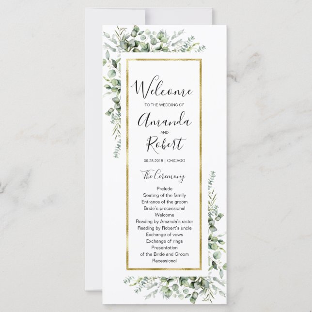 Programme de mariage Eucalyptus Gold Green (Devant)