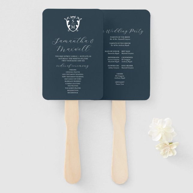 Programme de mariage éventail bleu marine Monogram (Devant et derrière)