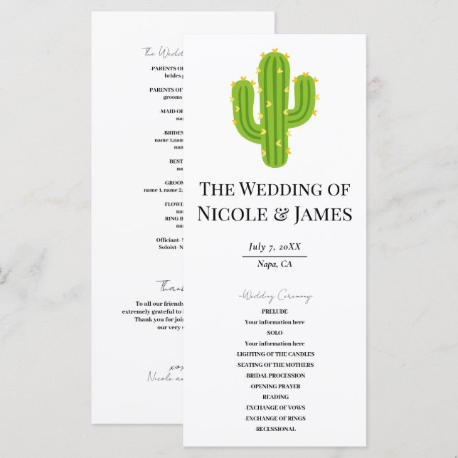Programme de mariage Fiesta Cactus Cœur Jaune Amou (Devant / Derrière)