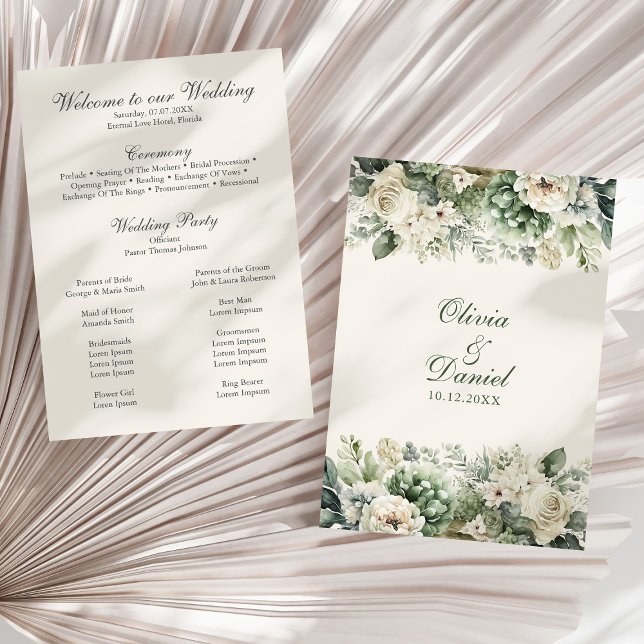 Programme de mariage Fleurs de Boho Vert Sauge et  (Boho Sage Green and Ivory Flowers Wedding Program on a sunny neutral dry palm leaf.)