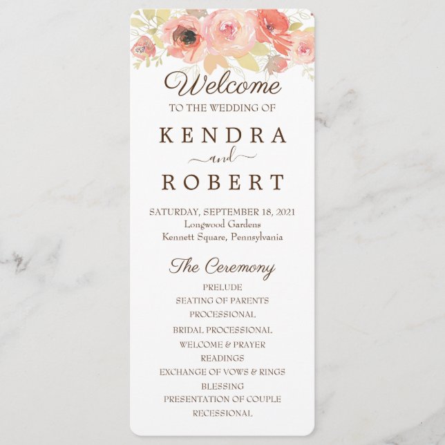 Programme de mariage Fleurs de rose corail et or (Devant)