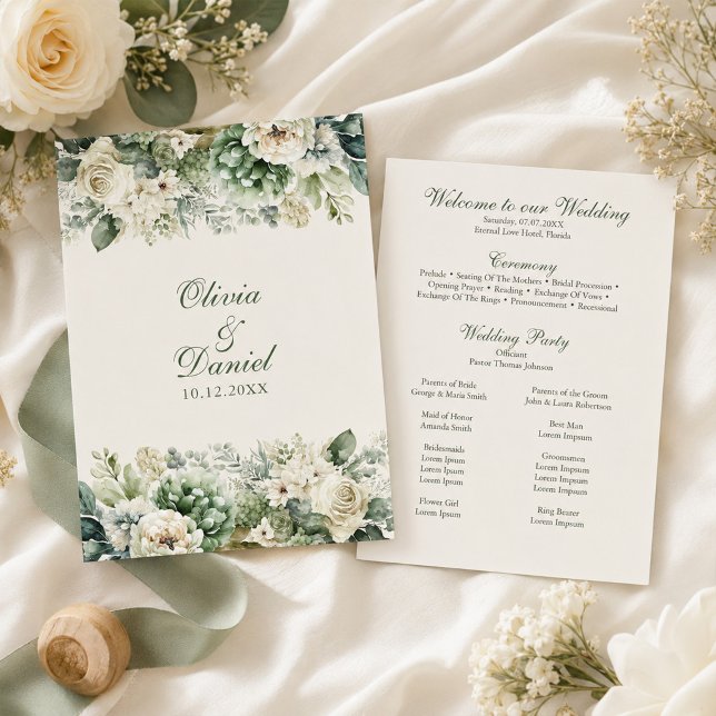 Programme de mariage Fleurs de Sauge Bohème et Ivo (Boho Sage Green and Ivory Flowers Wedding Program with wedding decor and white flowers)