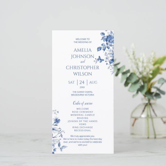 Programme de mariage Fleurs vintages bleues (Debout devant)
