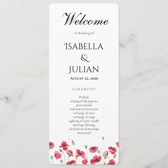 Programme de mariage floral à l'aquarelle Poppys e (Devant)