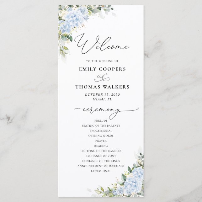 Programme de mariage floral à l'hortensia bleu (Devant)