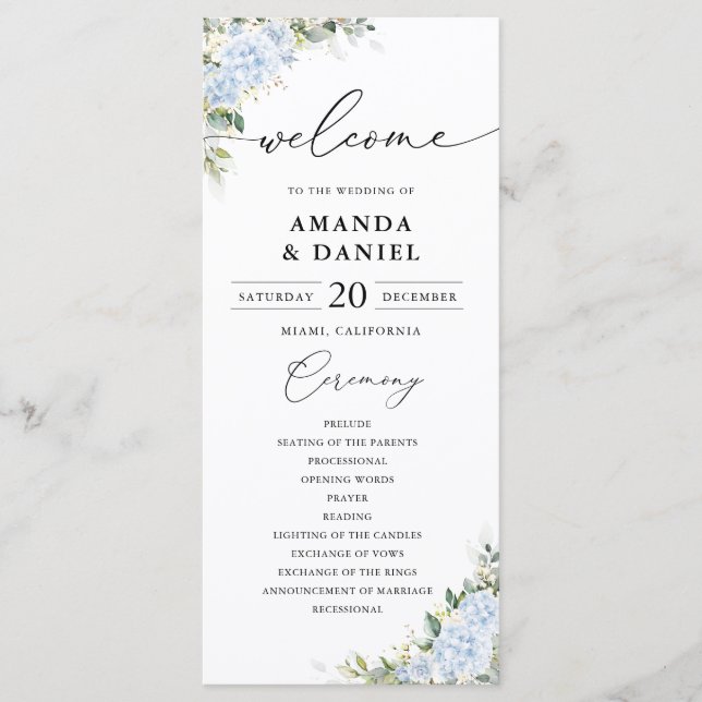 Programme de mariage floral à l'hortensia bleu (Devant)