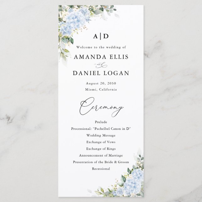 Programme de mariage floral à l'hortensia bleu (Devant)
