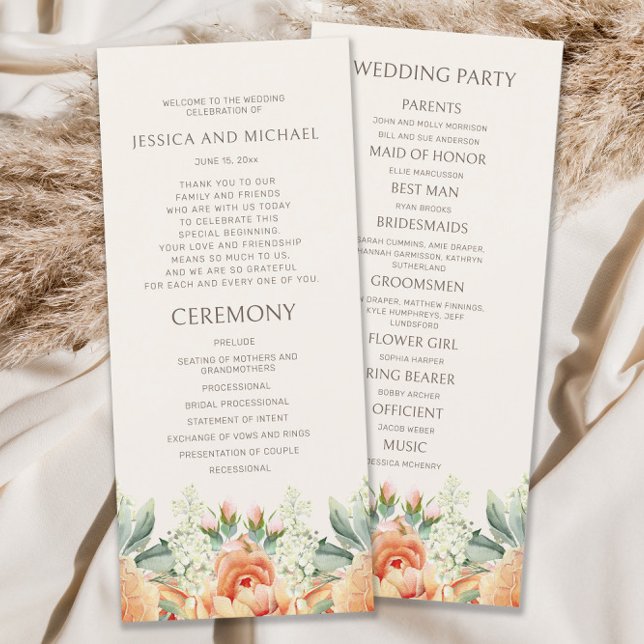 Programme de mariage floral aquarelle crème pêche (Peach and cream-colored watercolor floral wedding program)