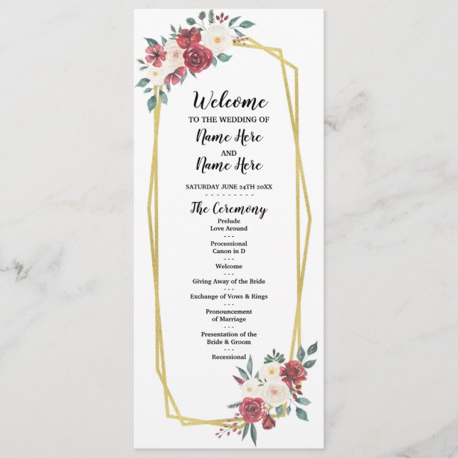 Programme de mariage floral aquarelle menu crème r (Devant)