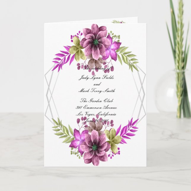Programme de mariage floral aquarelle rose et vert (Devant)