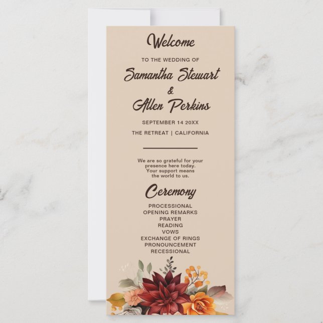 Programme de mariage floral automnal en terre cuit (Devant)
