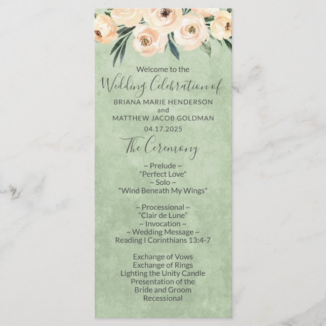 Programme de mariage Floral Beige Blush Vert Sauge (Devant)