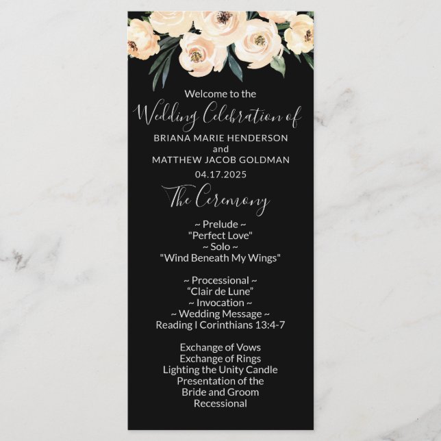Programme de mariage floral beige noir (Devant)