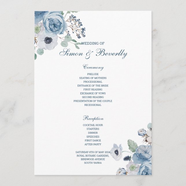 Programme de mariage floral bleu (Devant)