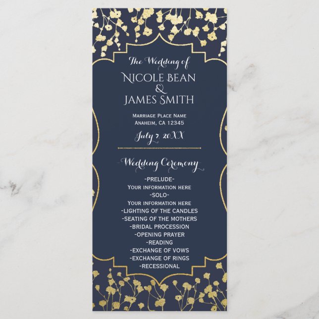 Programme de mariage floral bleu Baby's Breath dor (Devant)