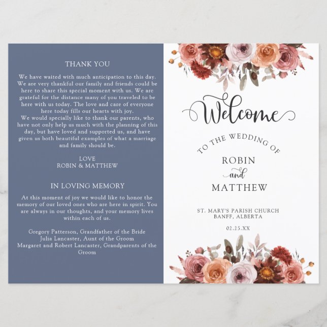 Programme de mariage floral bleu, bordeaux et bleu (Devant)