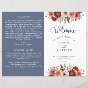 Programme de mariage floral bleu, bordeaux et bleu