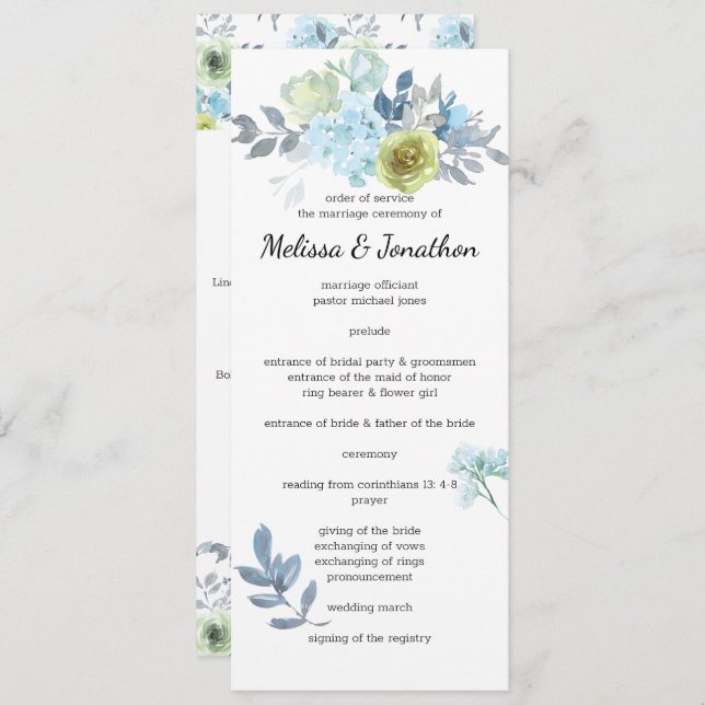 Programme de mariage floral bleu clair jaune vert (Devant / Derrière)