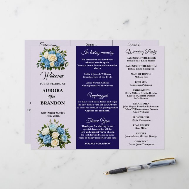 Programme de mariage floral bleu et blanc personna (Devant/Arrière en situation)