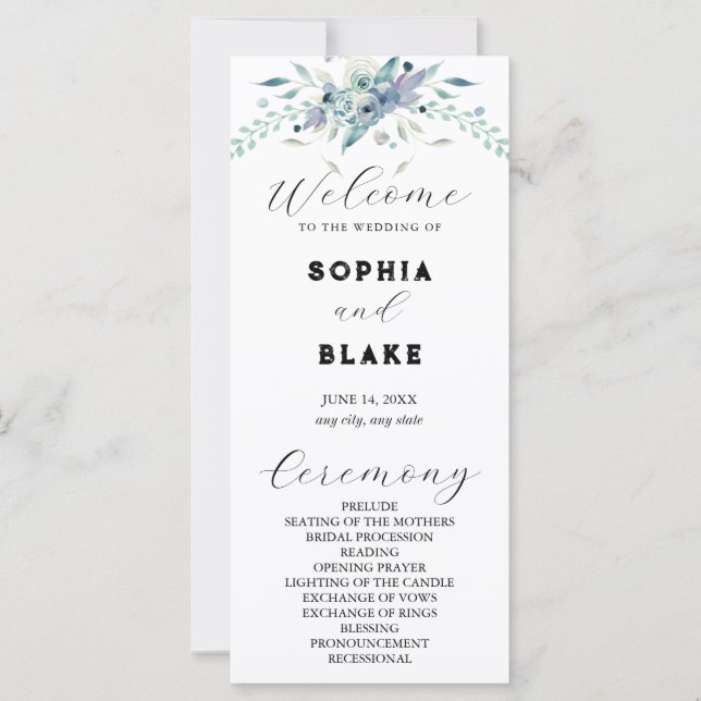 Programme de mariage floral bleu et vert élégant (Devant)