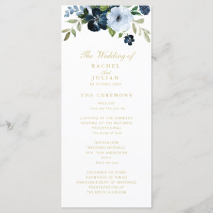 programme de mariage floral bleu marine et or tend