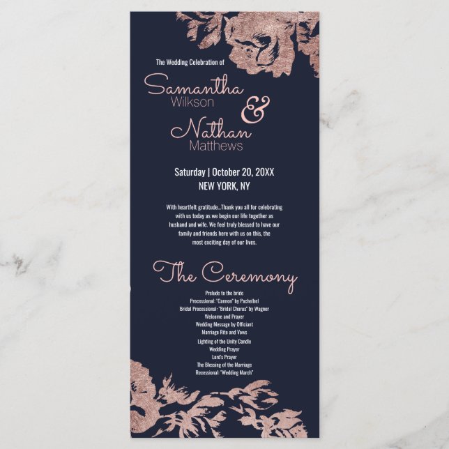 Programme de mariage floral bleu marine et Rose or (Devant)