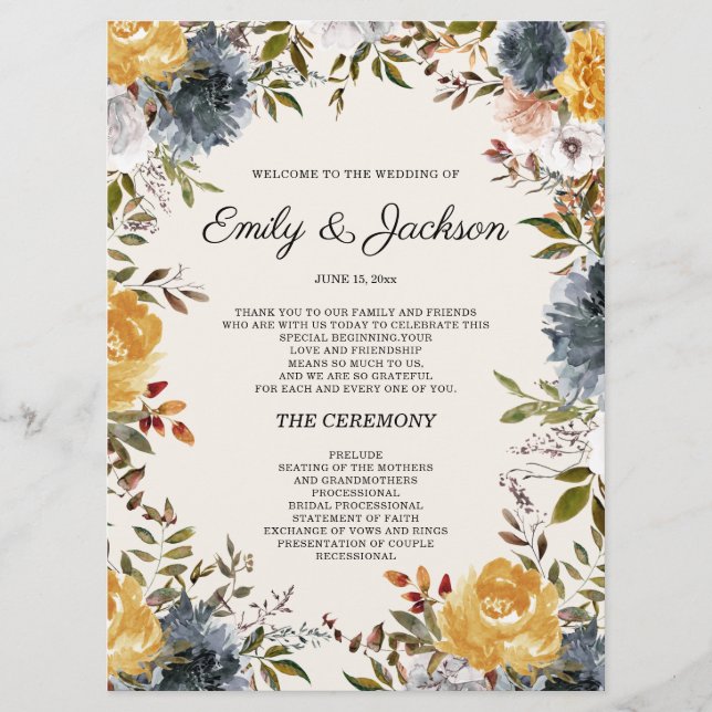 Programme de mariage floral bleu marine jaune  (Devant)
