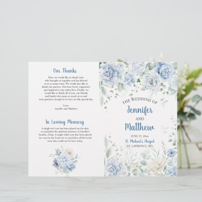 Programme de mariage floral bleu pâle et blanc (Debout devant)