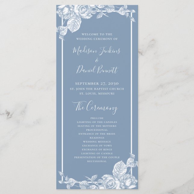 Programme de mariage floral bleu poussiéreux (Devant)