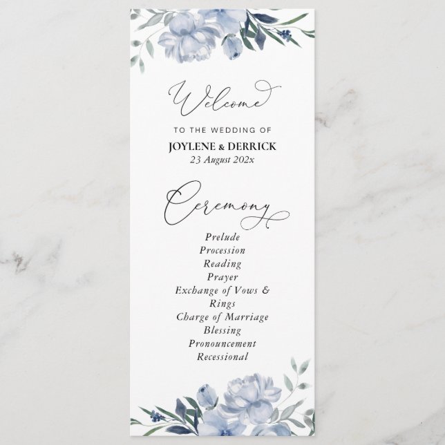 programme de mariage floral bleu poussiéreux (Devant)