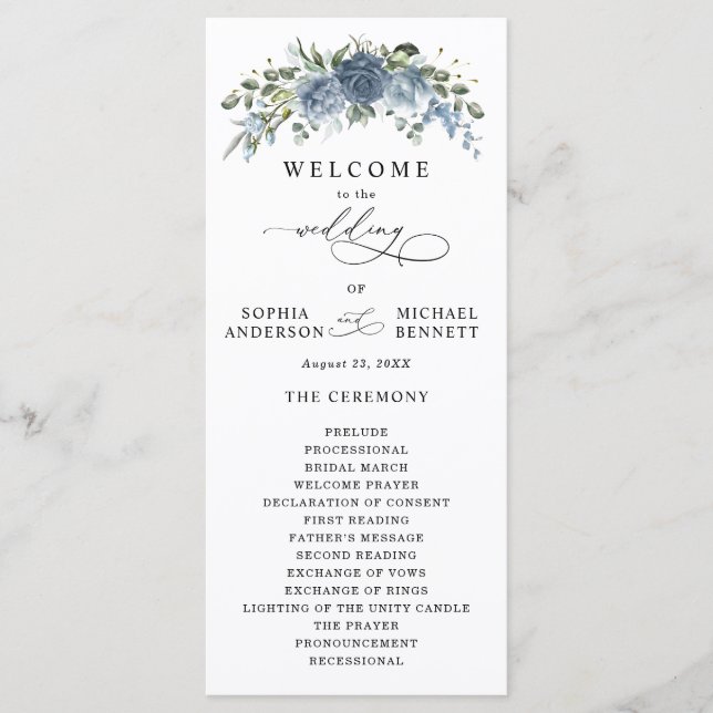 Programme de mariage floral bleu poussiéreux éléga (Devant)