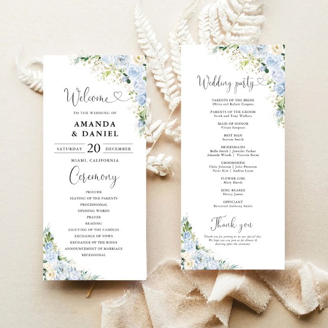 Programme de mariage floral bleu poussiéreux éléga (Créateur téléchargé)