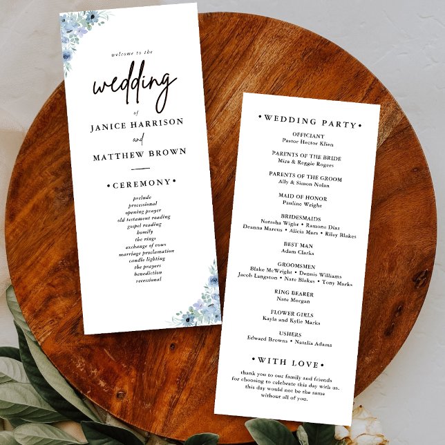 Programme de mariage floral bleu poussiéreux éléga (Elegant dusty blue floral wedding program guides guests through your ceremony with graceful charm)