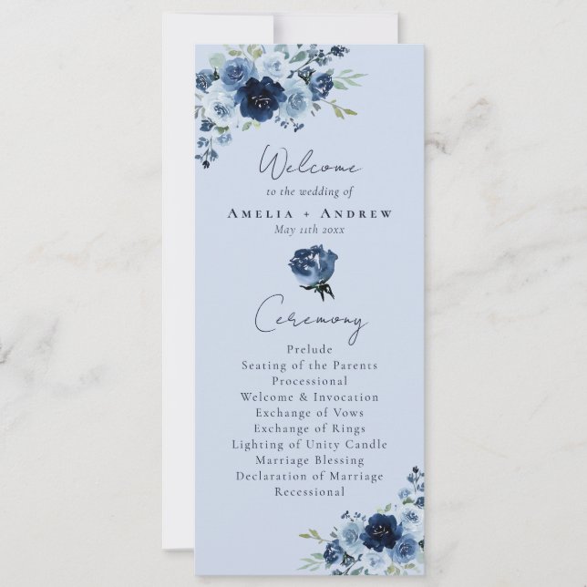 Programme de mariage floral bleu poussiéreux rose  (Devant)