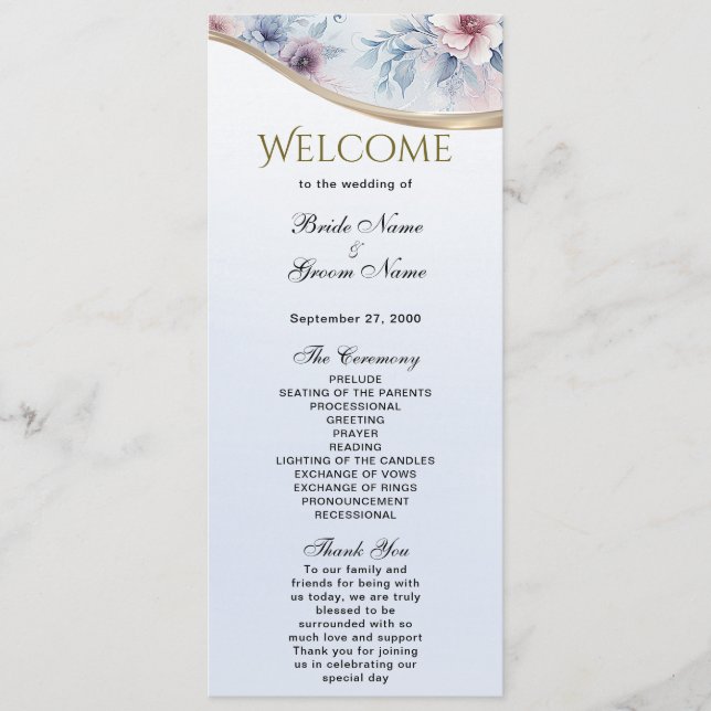 Programme de mariage floral bleu rose aquarelle (Devant)