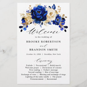Programme de mariage floral bleu royal jaune or