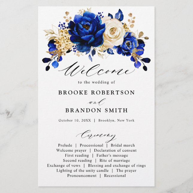 Programme de mariage floral bleu royal jaune or (Devant)