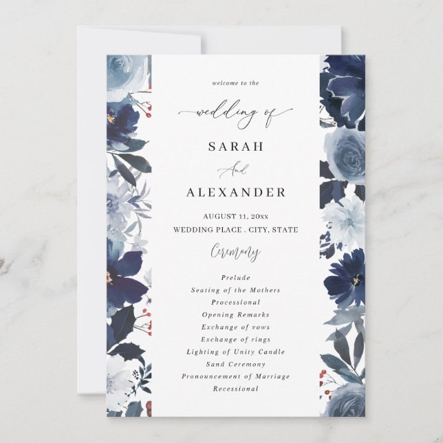 Programme de mariage floral Blue & Navy (Devant)