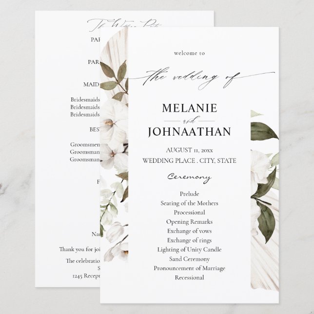 Programme de mariage floral bohème blanc budget ME (Devant / Derrière)