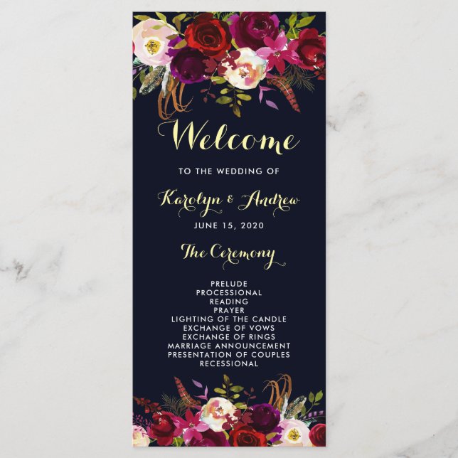 Programme de mariage floral boho bordeaux marine M (Devant)